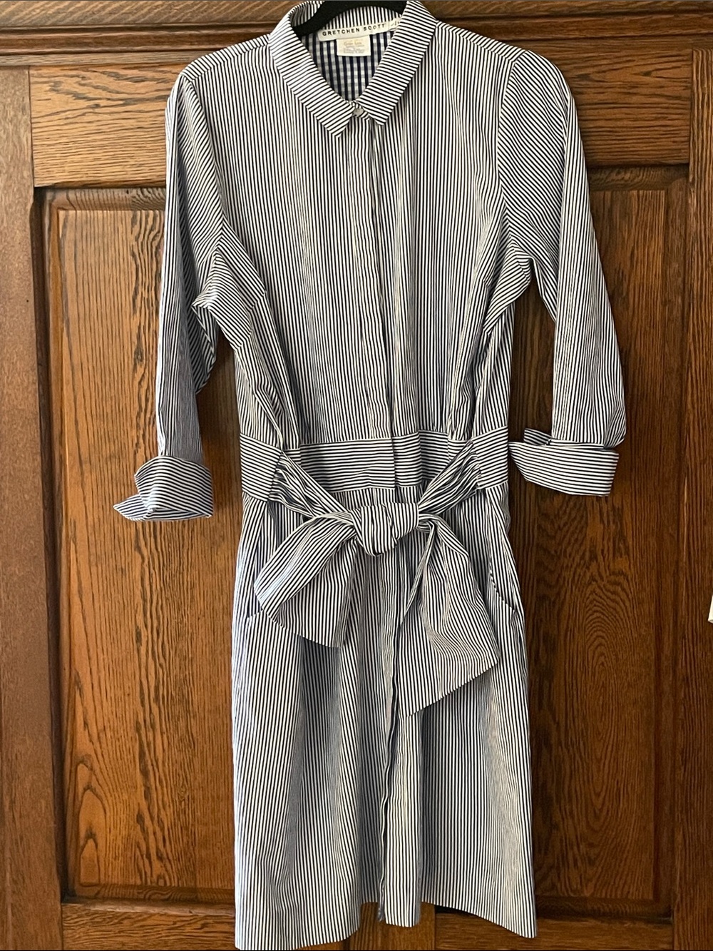 Gretchen Scott Designs Navy and White Striped Midi Shirt Dress Large